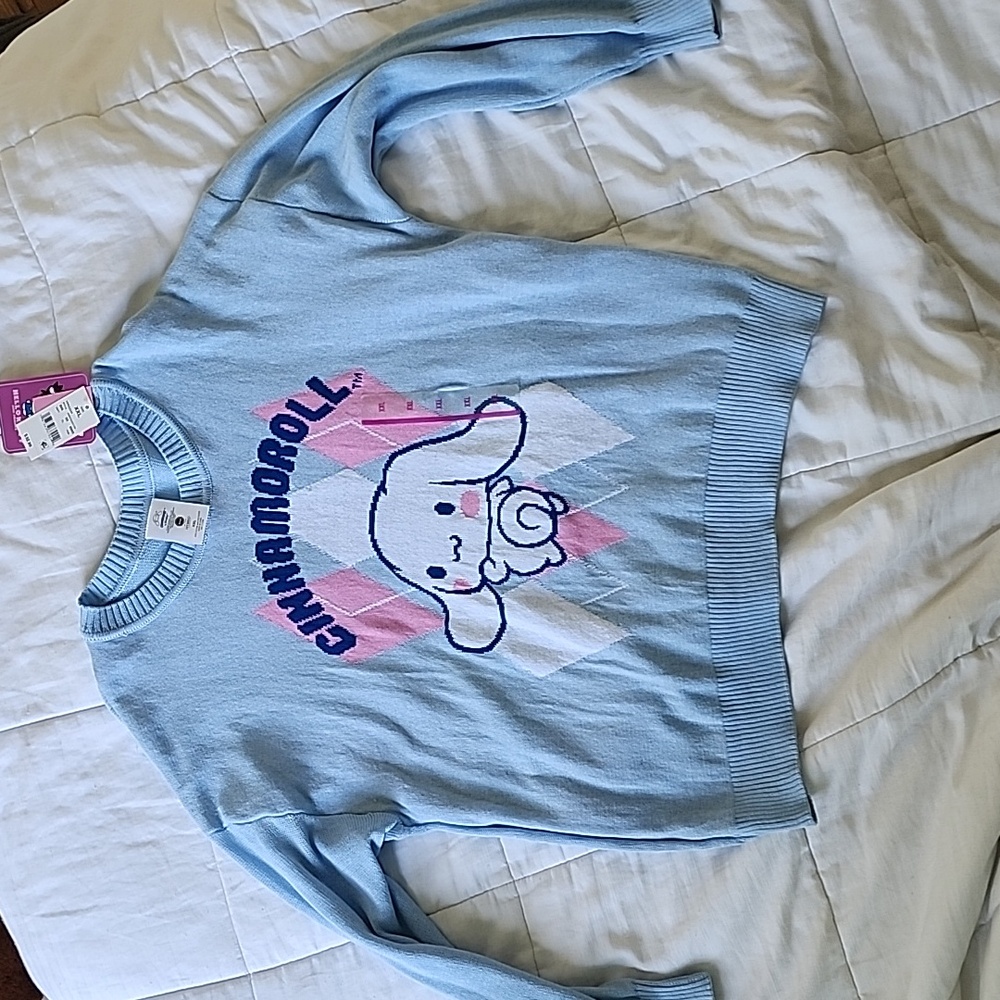 Cinnamoroll Sanrio Argyle Women's Crew Neck Sweater in Baby Blue Size XXL